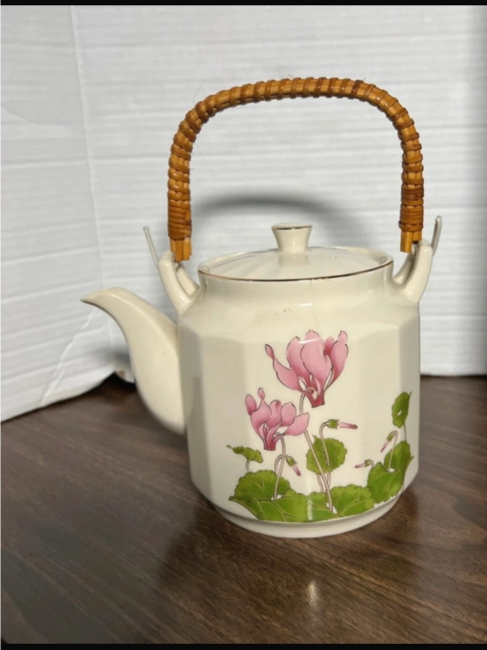 Otagiri Cream Ceramic Teapot with Pink Floral Motif and Woven Handle